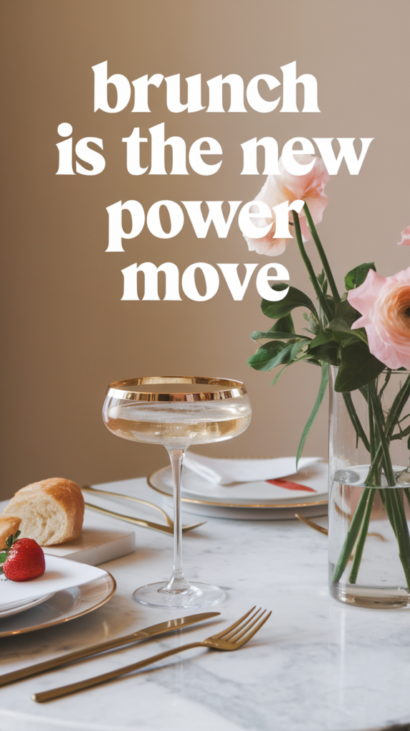 Elegant brunch setup featuring luxurious place settings, champagne glasses, and fresh flowers on marble, showcasing modern home entertaining essentials