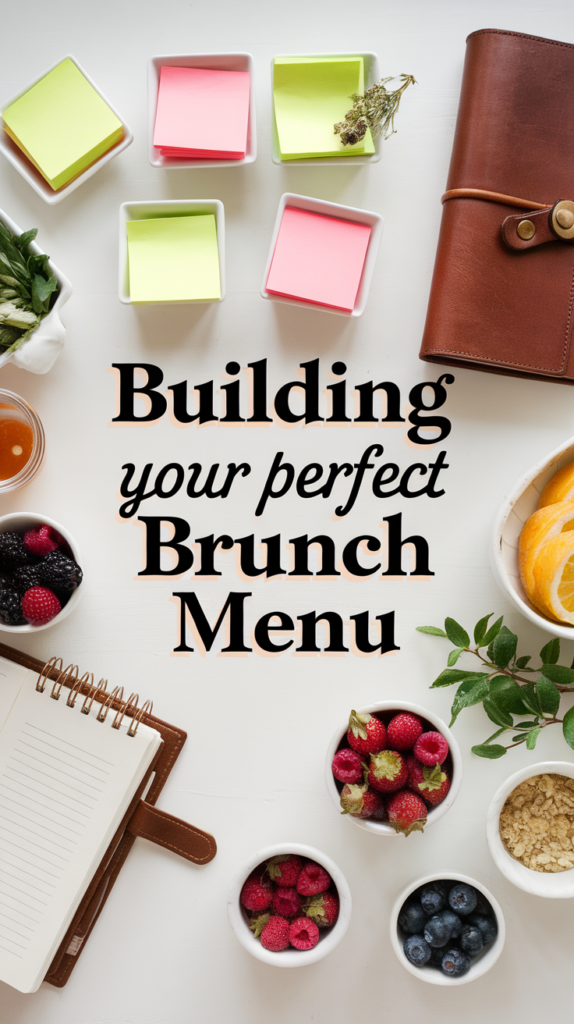 Organized brunch menu planning display with fresh ingredients, and color-coded planning tools for the perfect brunch spread