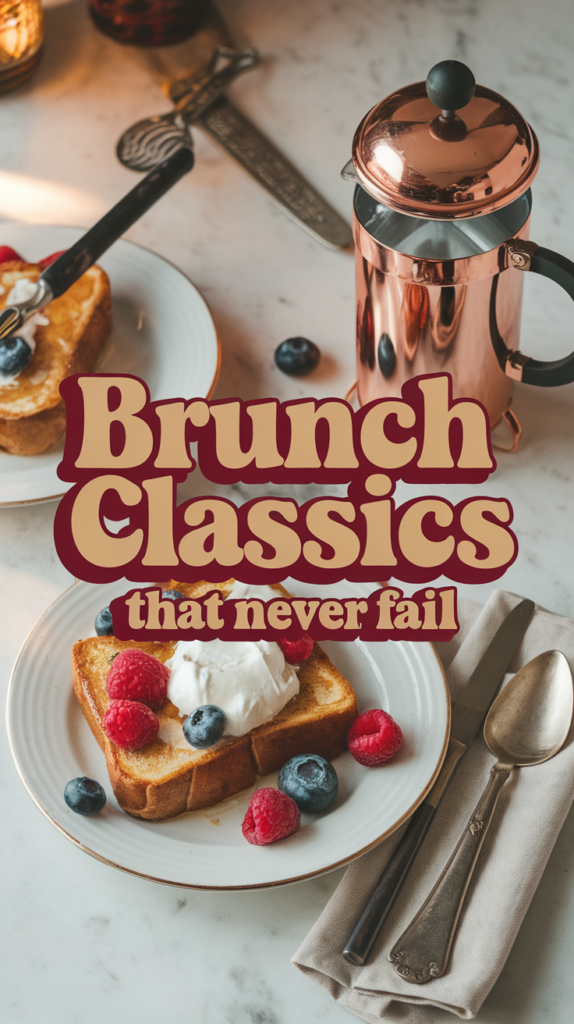 Elevated brunch classics including gourmet French toast with fresh berries and artisanal coffee service setup