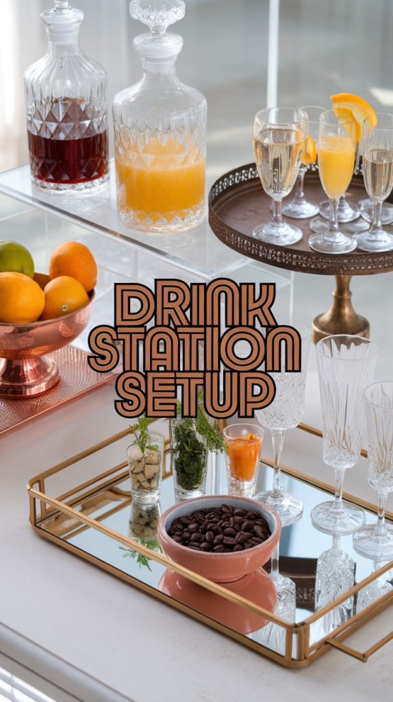 Luxury brunch drink station with craft cocktail ingredients, fresh garnishes, and premium coffee service setup