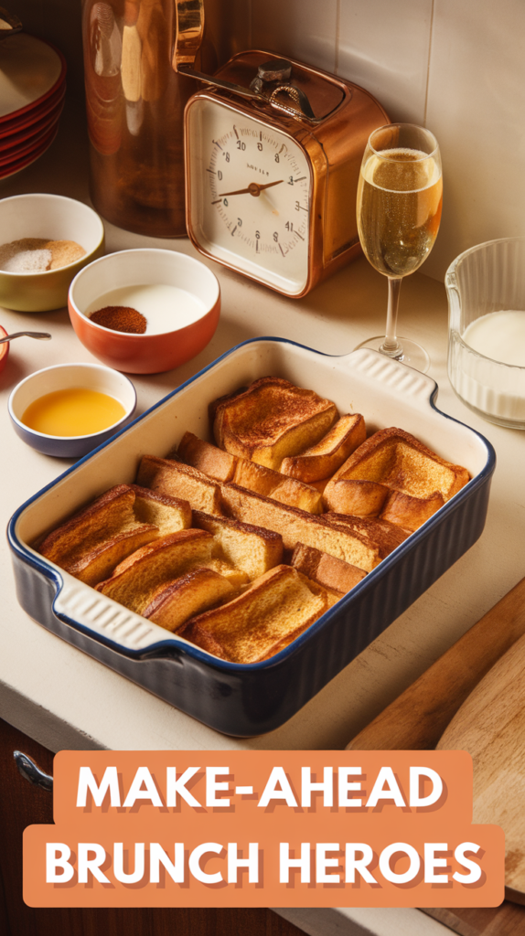 Make-ahead brunch preparation featuring French toast casserole, prep bowls, and organized timeline for stress-free hosting