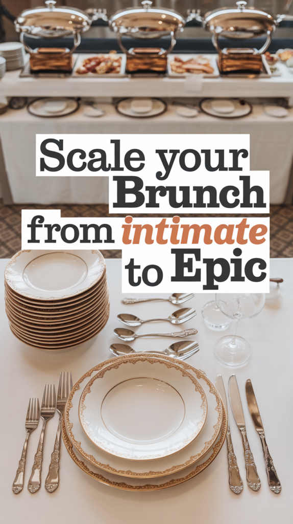 Organized display of brunch party planning elements showing how to scale from small gatherings to large events with serving pieces and planning notes