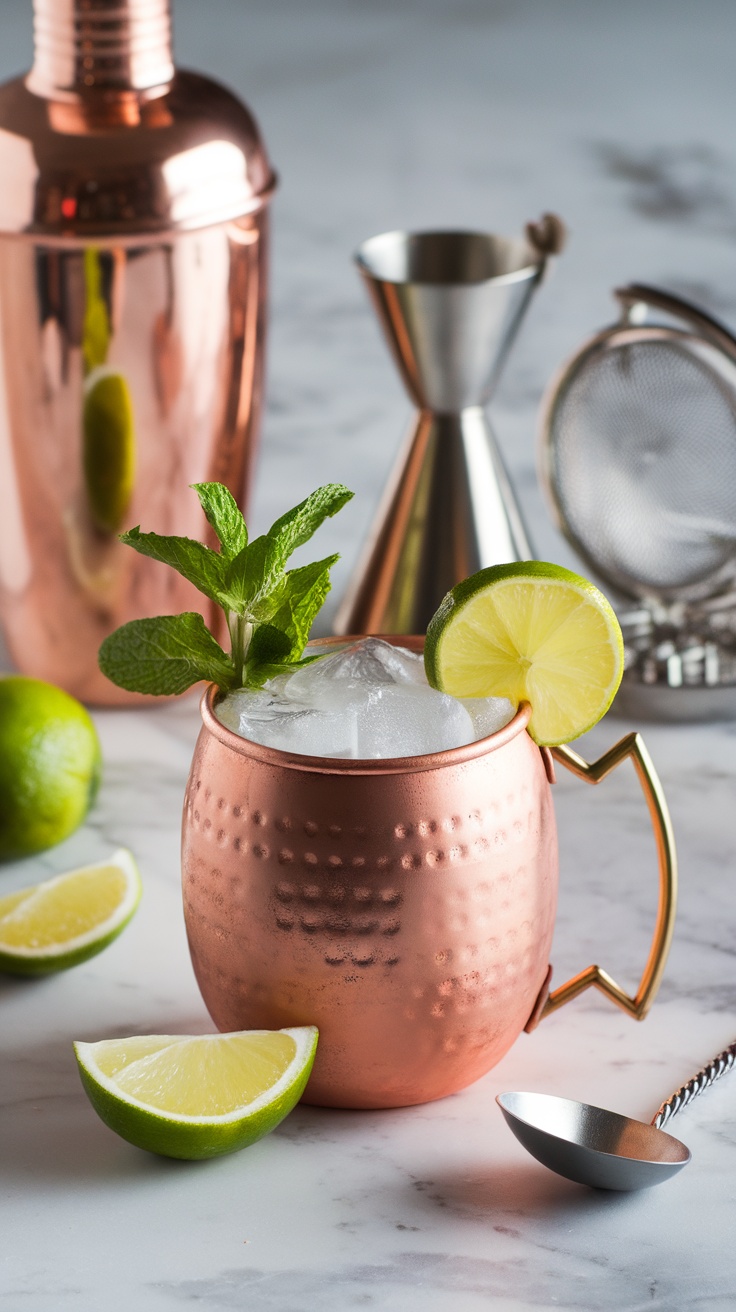 A refreshing Alcohol-Free Moscow Mule in a copper mug, garnished with mint and lime.