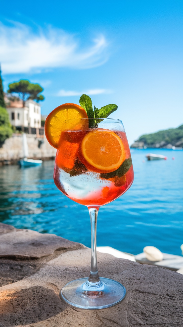 A refreshing Aperol Spritz cocktail garnished with orange slices and mint leaves.