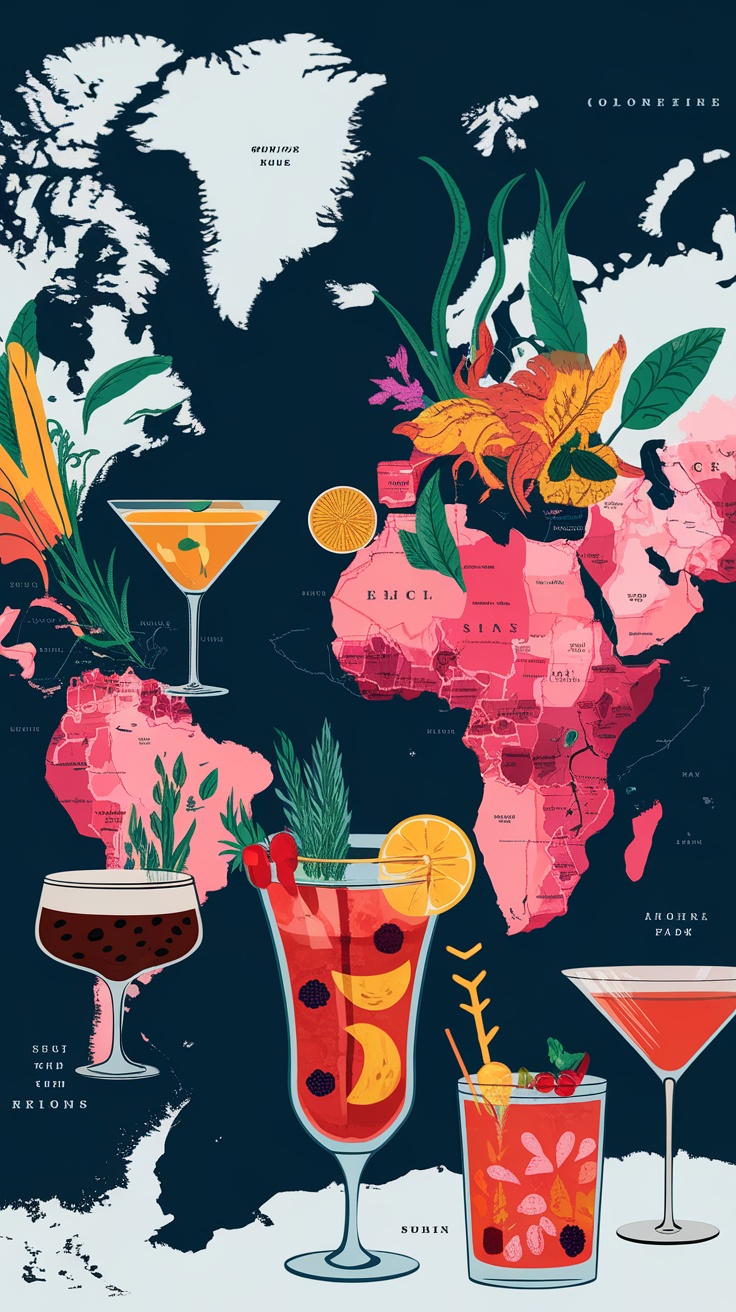 A vibrant illustration of a world map featuring various cocktails, representing different countries and their unique flavors.