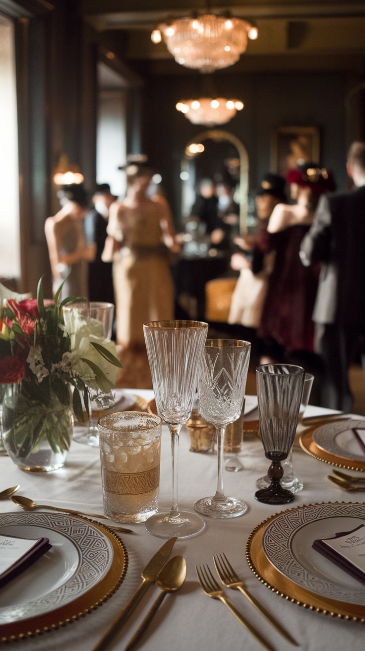 Elegant Art Deco cocktail party setup with vintage glassware, fine china, and guests in stylish attire.