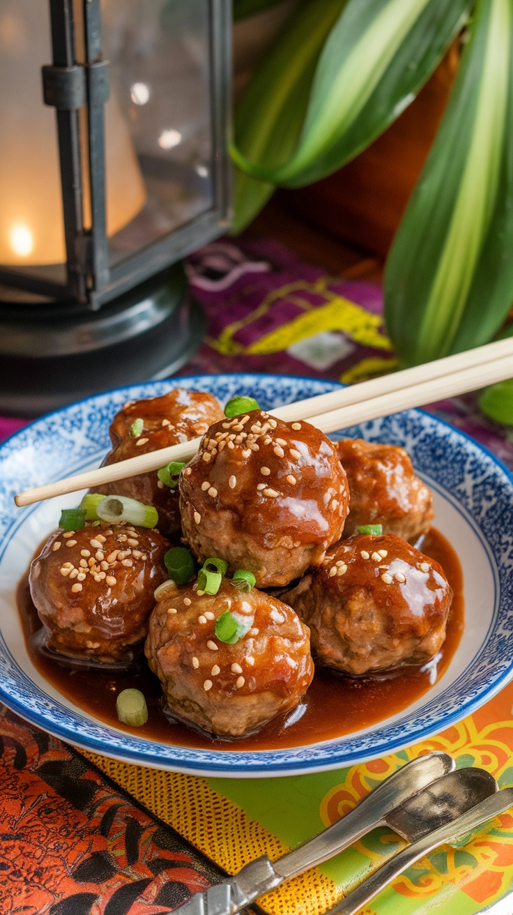 A plate of Asian-inspired meatballs garnished with green onions and sesame seeds.