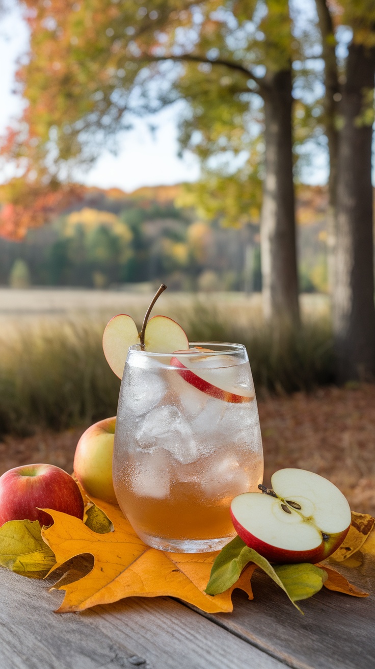 A refreshing Autumn Apple Cider Spritz cocktail garnished with apple slices and a cinnamon stick.