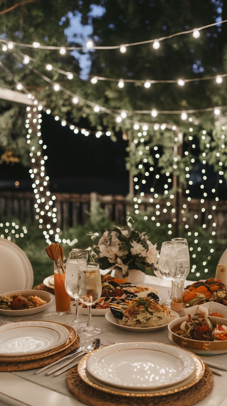 A beautifully set outdoor dining table for a backyard bistro night, with twinkling lights above and delicious dishes arranged on the table.