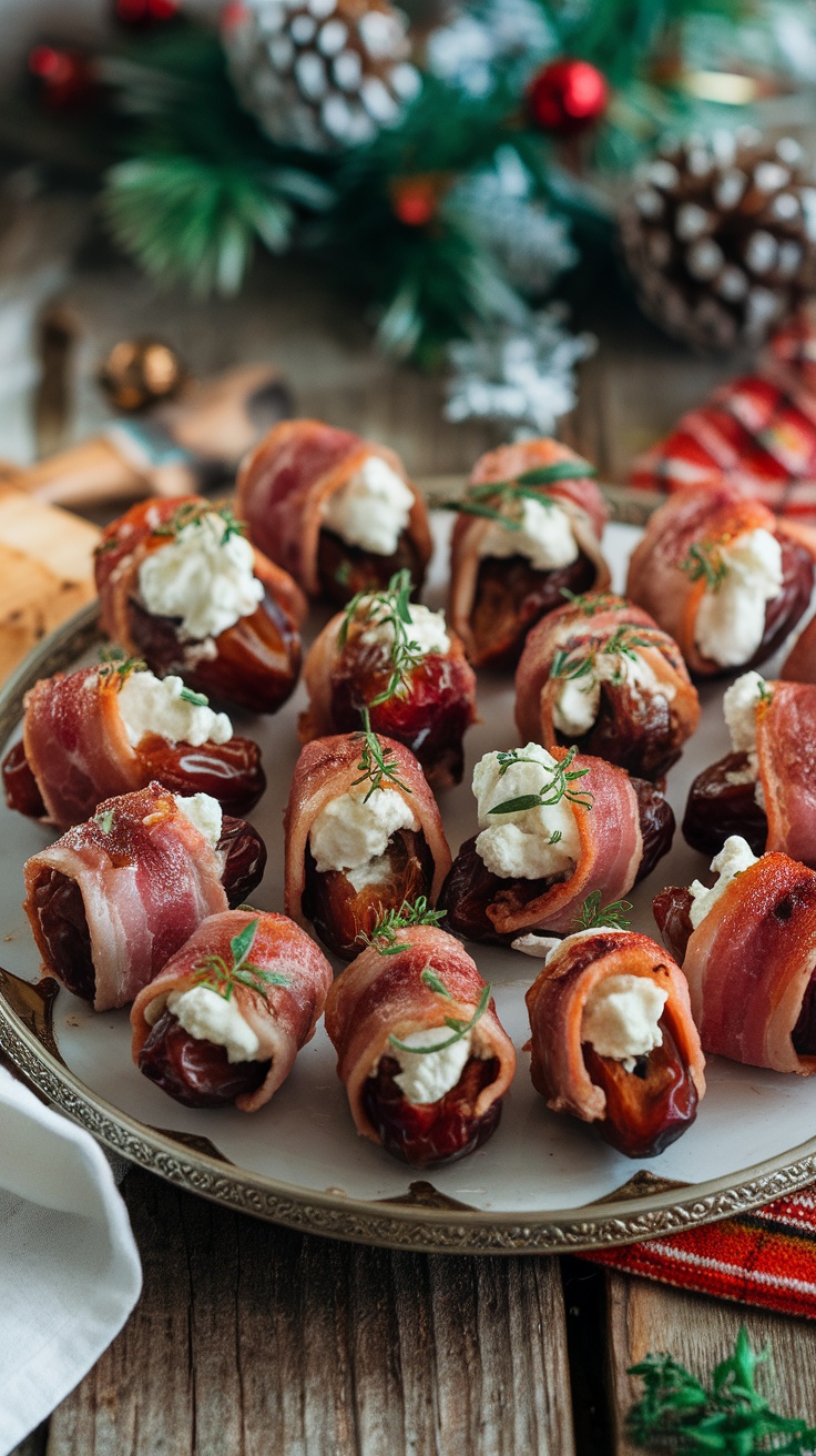 Bacon-wrapped dates with goat cheese on a plate, garnished with fresh herbs.