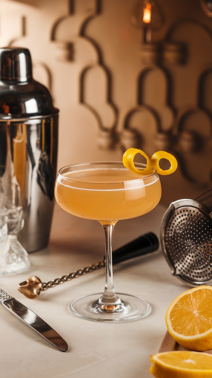 A stylish cocktail named Between The Sheets, served in a coupe glass with a lemon twist garnish.