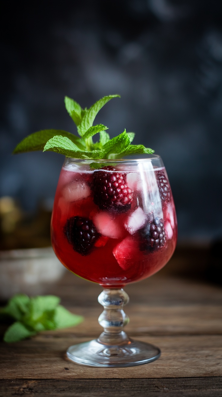 A refreshing Blackberry Brandy Smash cocktail garnished with mint and blackberries.