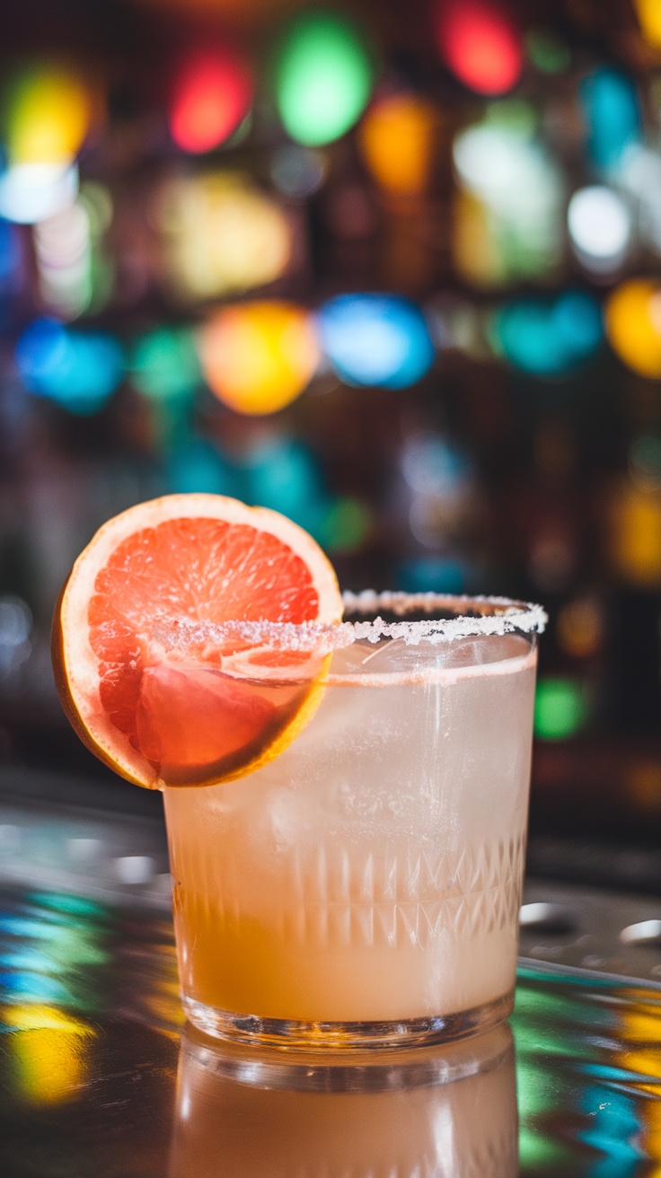 A refreshing cocktail made with tequila and grapefruit, garnished with a slice of grapefruit.