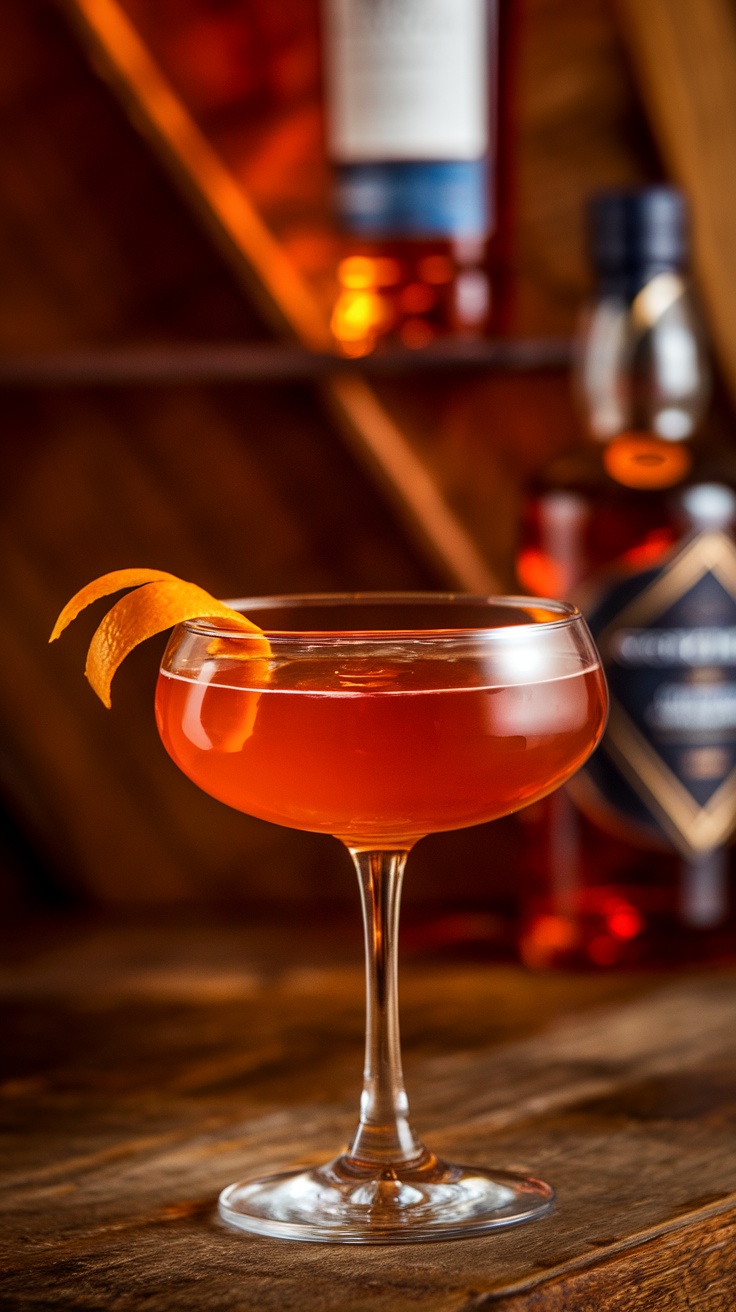 A stylish Blood & Sand cocktail garnished with an orange twist in a coupe glass.