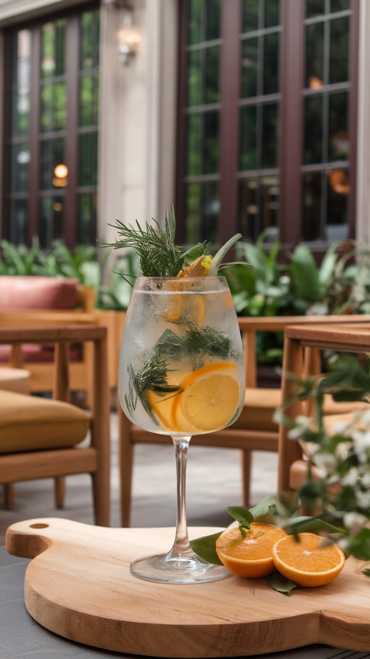 A refreshing Botanical Spritz mocktail with fresh herbs and citrus slices.