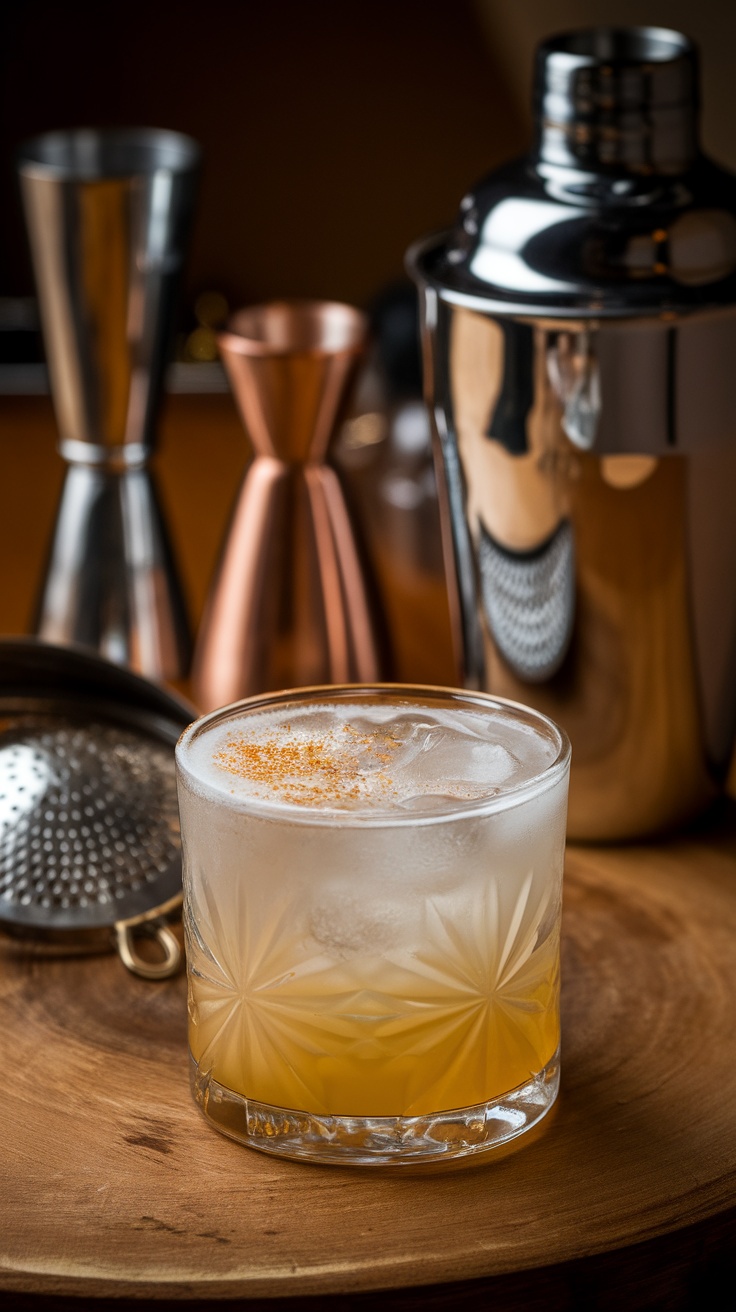 A Brandy Alexander cocktail garnished with nutmeg, served in a glass.