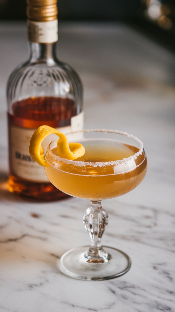 A beautifully presented Brandy Crusta cocktail with a sugar rim and a twist of lemon.