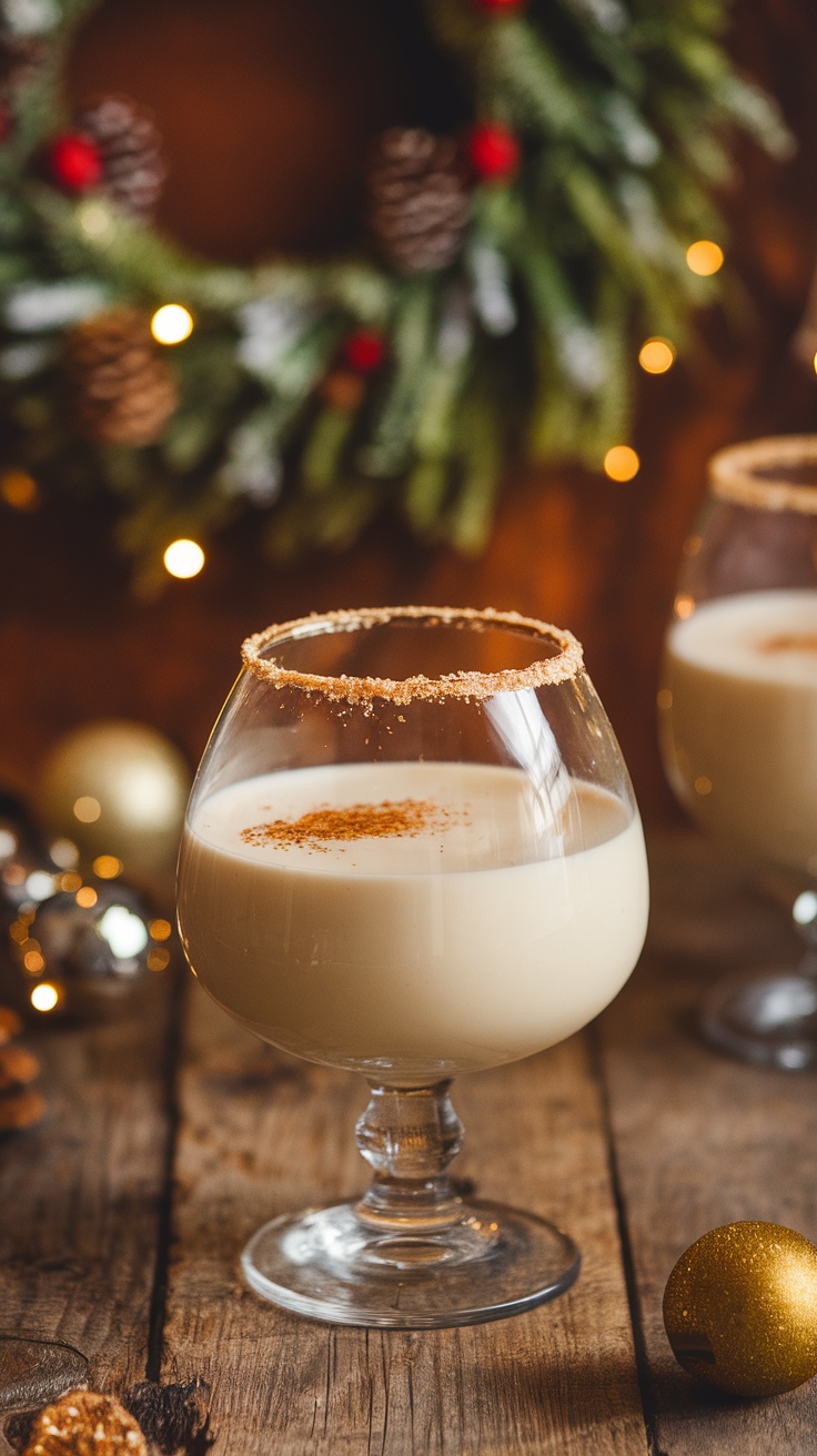 A glass of Brandy Milk Punch garnished with nutmeg on a wooden table.