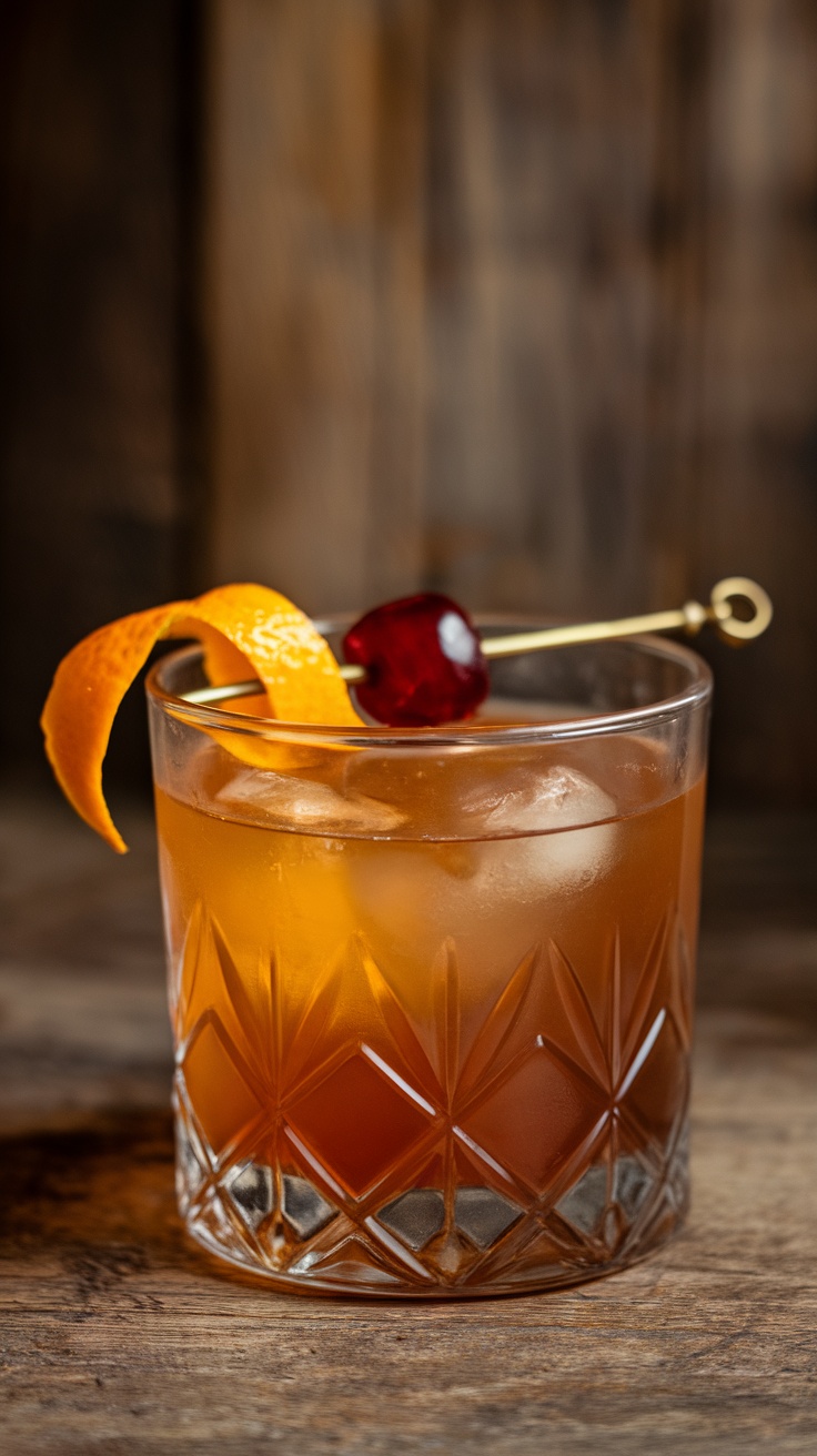 A Brandy Old Fashioned cocktail garnished with an orange peel and a cherry.