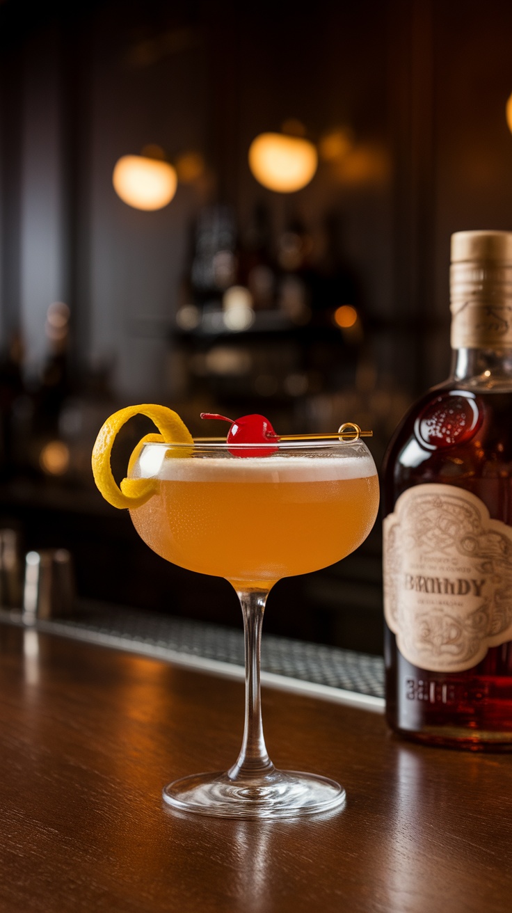 A Brandy Sour cocktail garnished with a lemon wheel and a maraschino cherry.