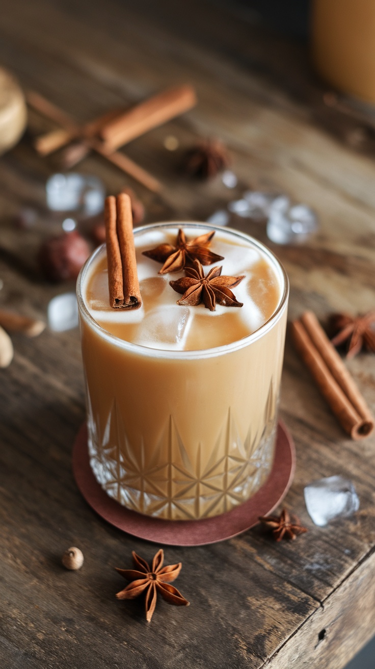 A refreshing Chai Spice Cooler mocktail in a glass with spices and ice.