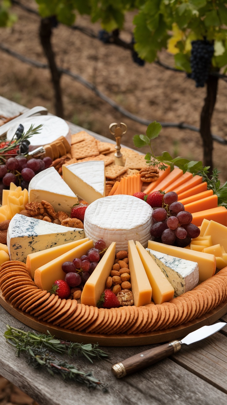 A beautifully arranged cheese board featuring various cheeses, fruits, nuts, and crackers.