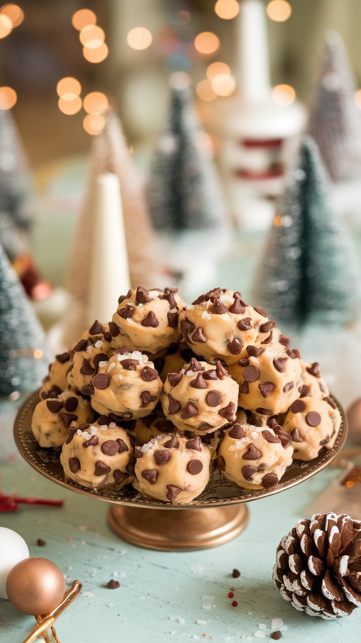 Delicious chocolate chip cookie dough bites arranged on a decorative plate.