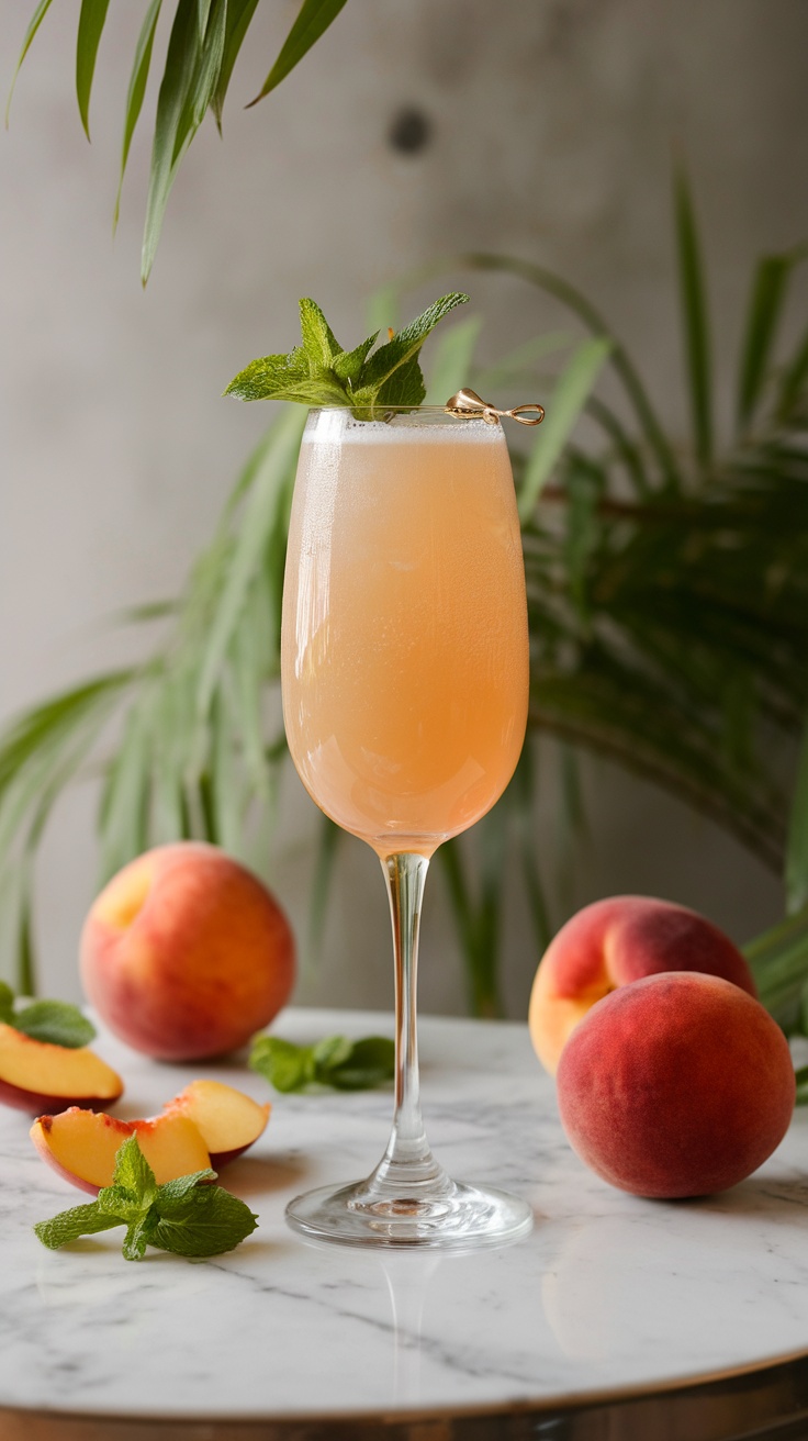 A refreshing Classic Bellini cocktail garnished with mint leaves, served in a flute glass with fresh peaches around.