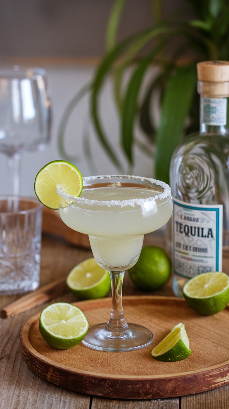 A classic margarita served in a glass with a salted rim and garnished with a lime slice.