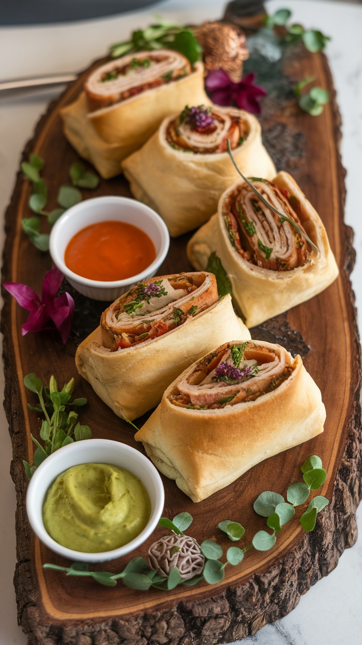 Delicious sausage rolls served on a wooden platter with dipping sauces.