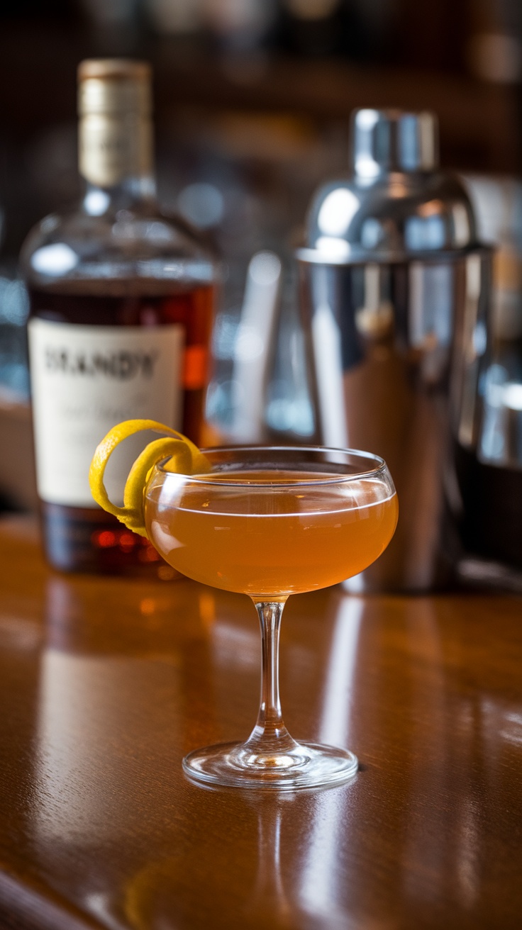 A classic Sidecar cocktail with a lemon twist garnish on a wooden bar.