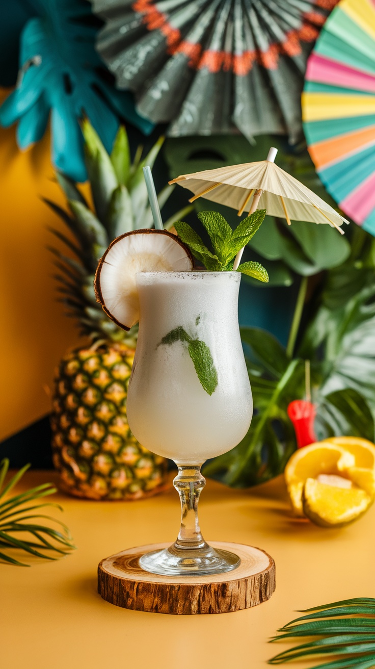 A refreshing coconut water mocktail garnished with mint and lime, served in a fancy glass.