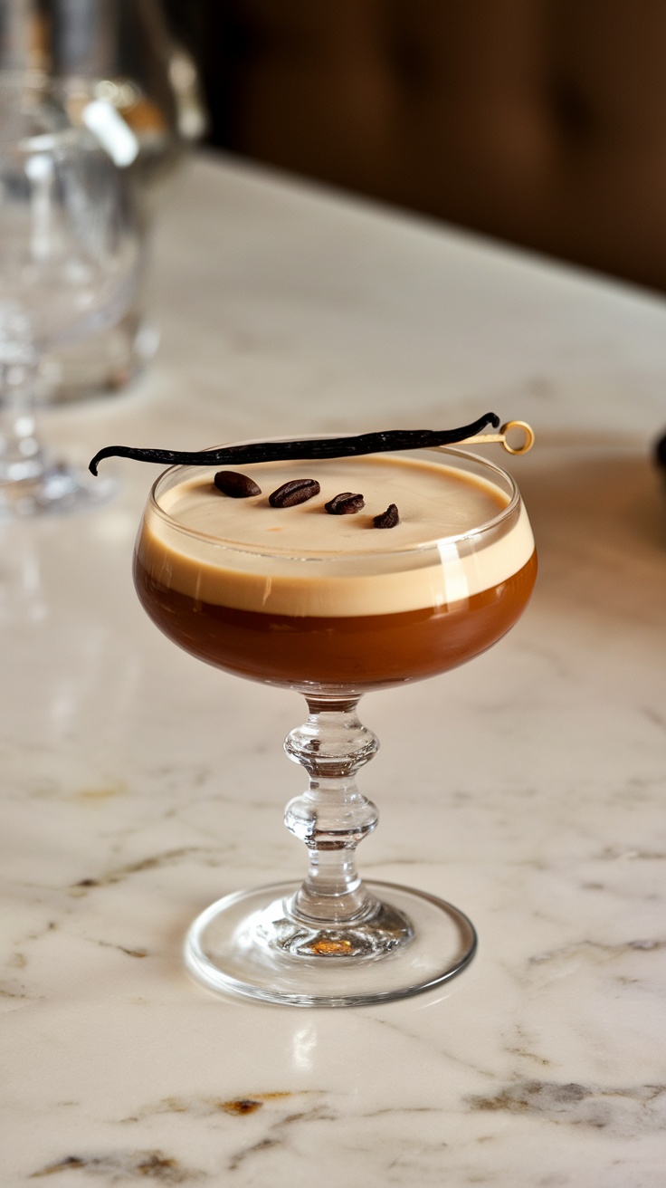 A stylish Coffee-Vanilla Brandy Cocktail adorned with coffee beans and a vanilla pod.