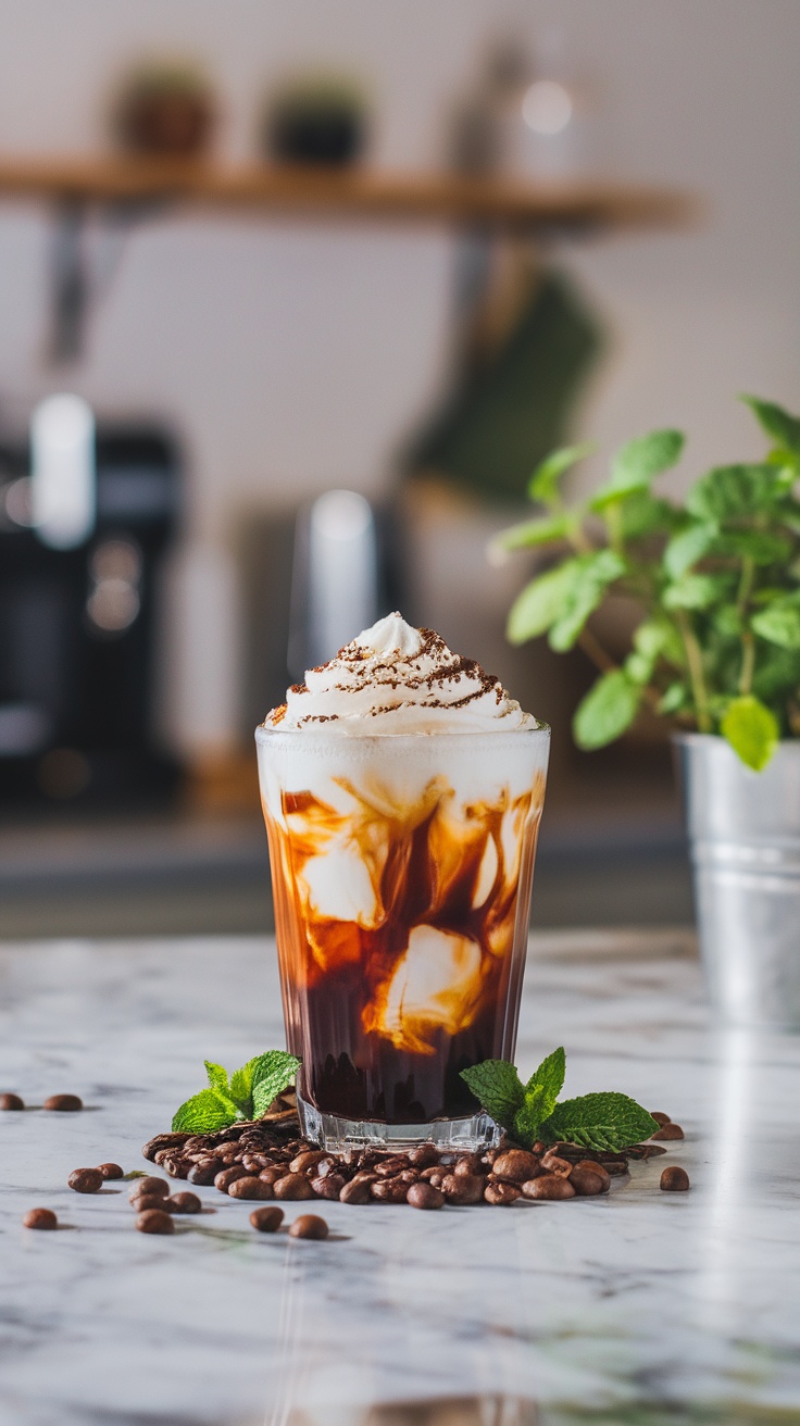 Cold brew mocktail topped with whipped cream and garnished with mint leaves.