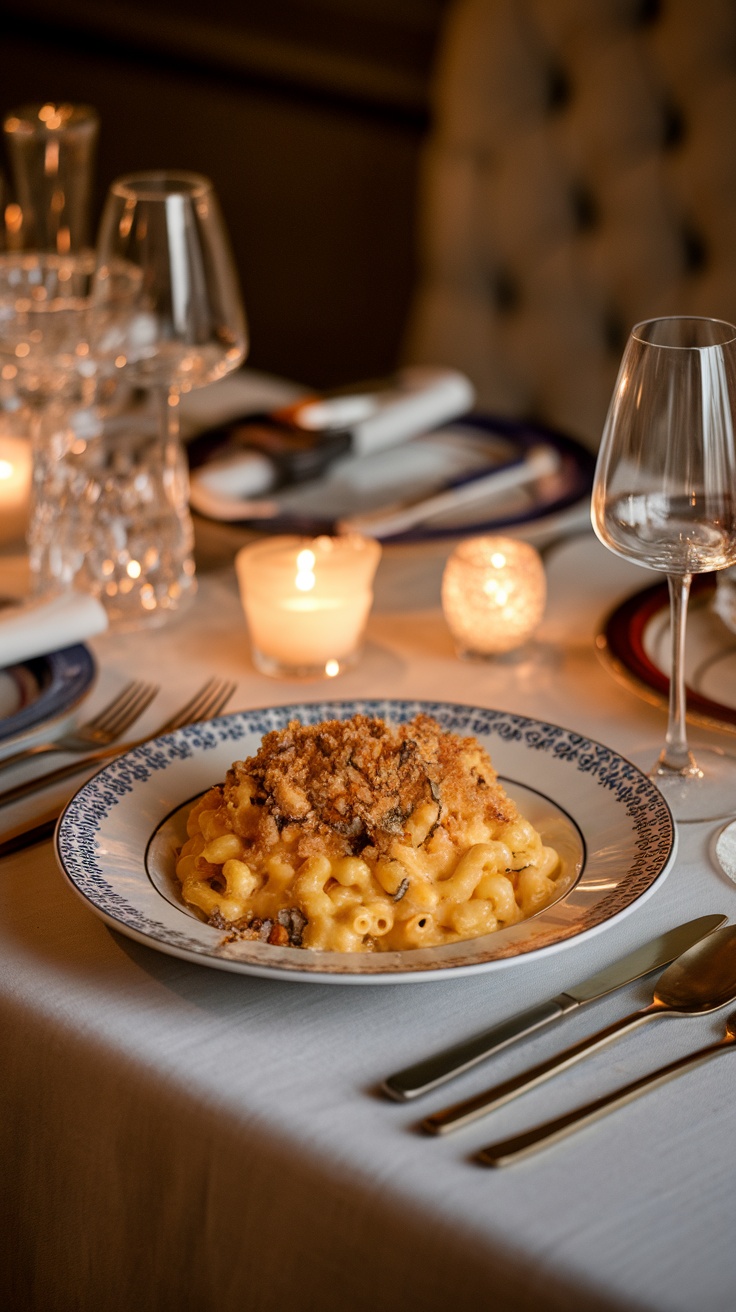 A plate of gourmet mac and cheese topped with breadcrumbs, set on a beautifully arranged dinner table with candlelight.