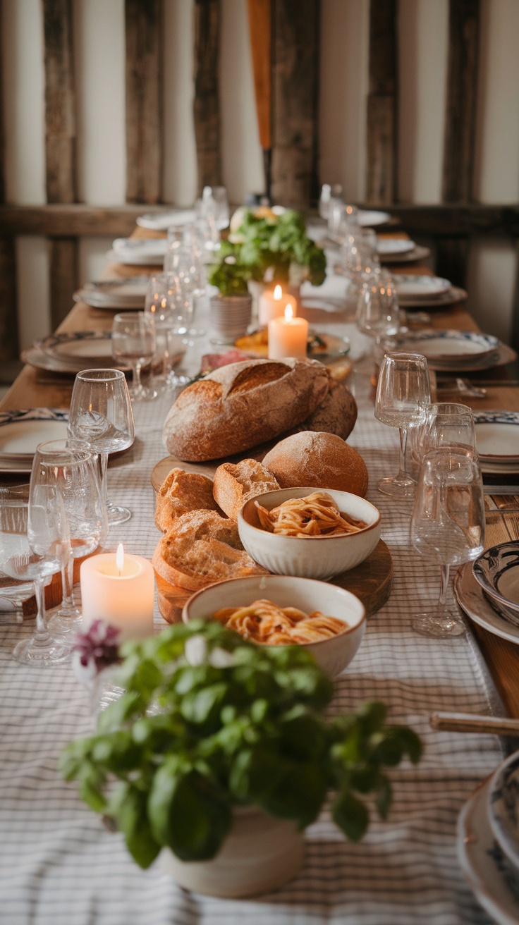 A cozy Italian dinner feast featuring a long table with pasta, bread, candles, and fresh herbs.