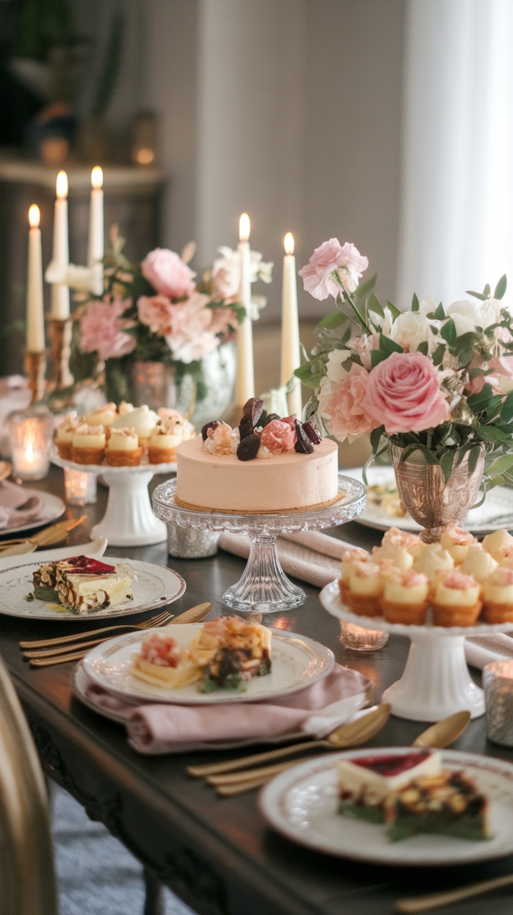 A beautifully set dinner table featuring a variety of desserts and floral arrangements.