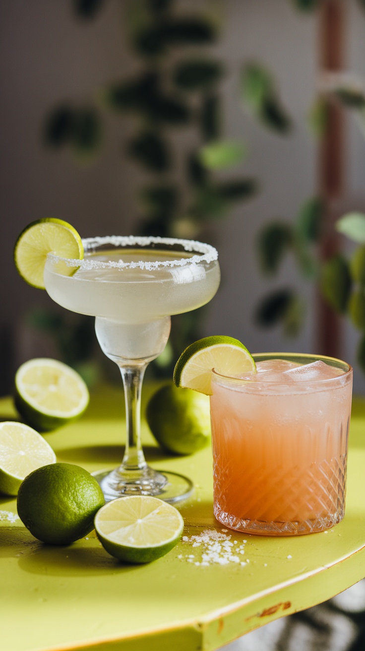 Two refreshing tequila cocktails with lime garnishes on a bright table