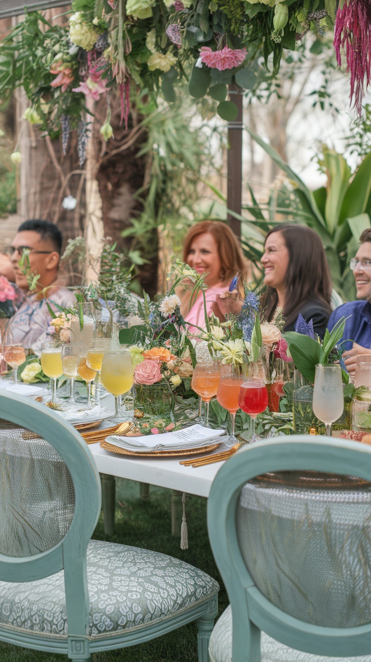 A beautifully arranged table at a garden cocktail party with colorful drinks and floral decorations.