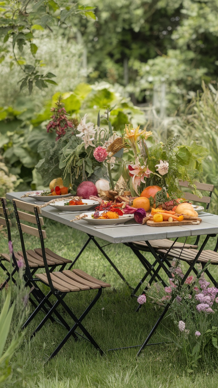 A beautifully arranged outdoor dinner table with fresh fruits, vegetables, and flowers, surrounded by greenery.