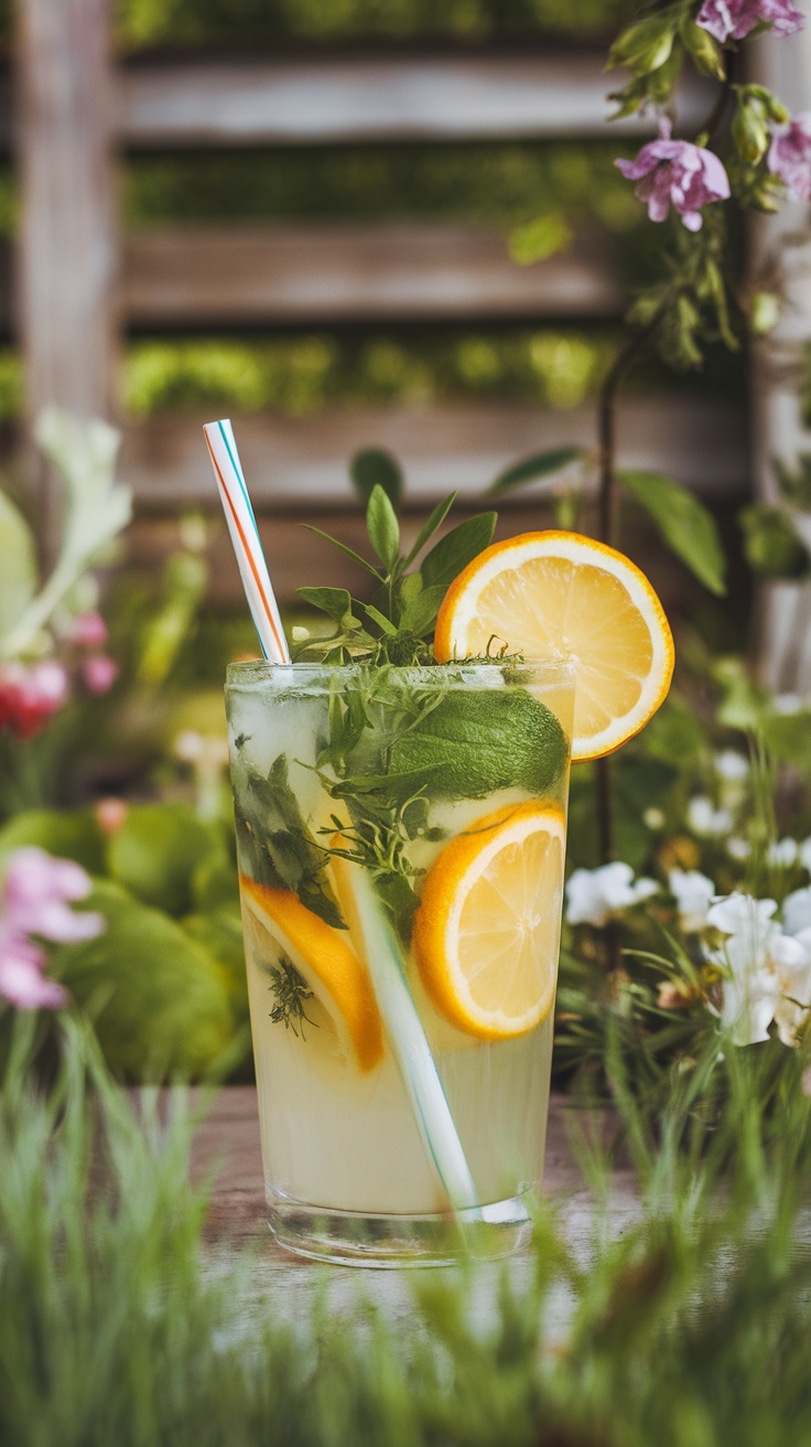 A refreshing glass of Garden Lemonade Plus with lemon slices and fresh herbs.