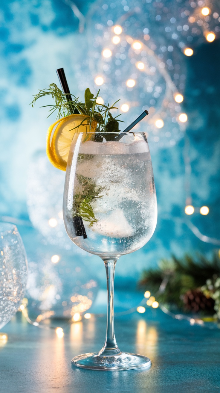 A refreshing Gin & Bubbles cocktail garnished with lemon and herbs