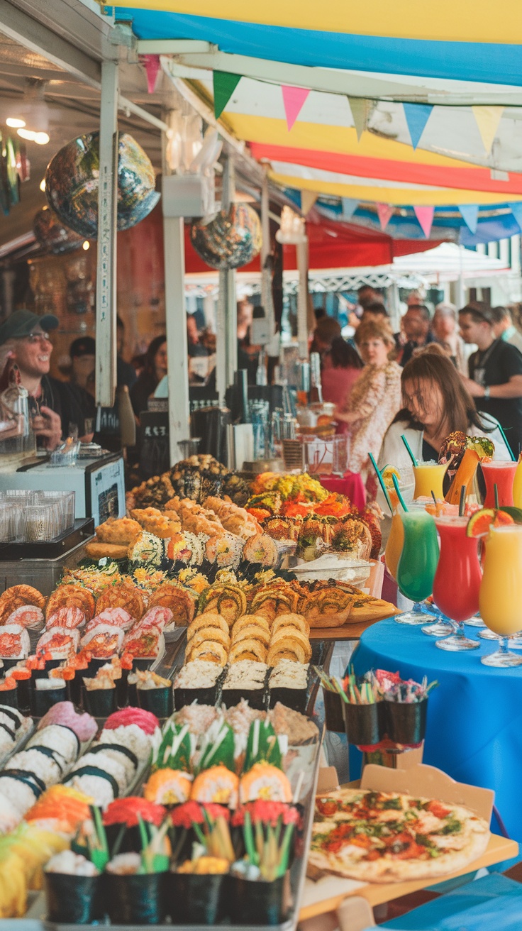 A vibrant array of street food and cocktails displayed at a lively event.