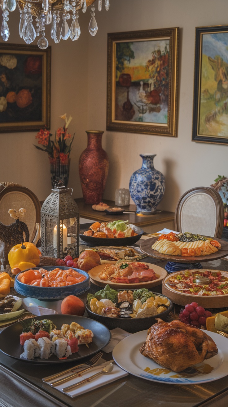 A beautifully arranged dinner table featuring a variety of global dishes including sushi, seafood, fruits, and roasted chicken, along with decorative elements.