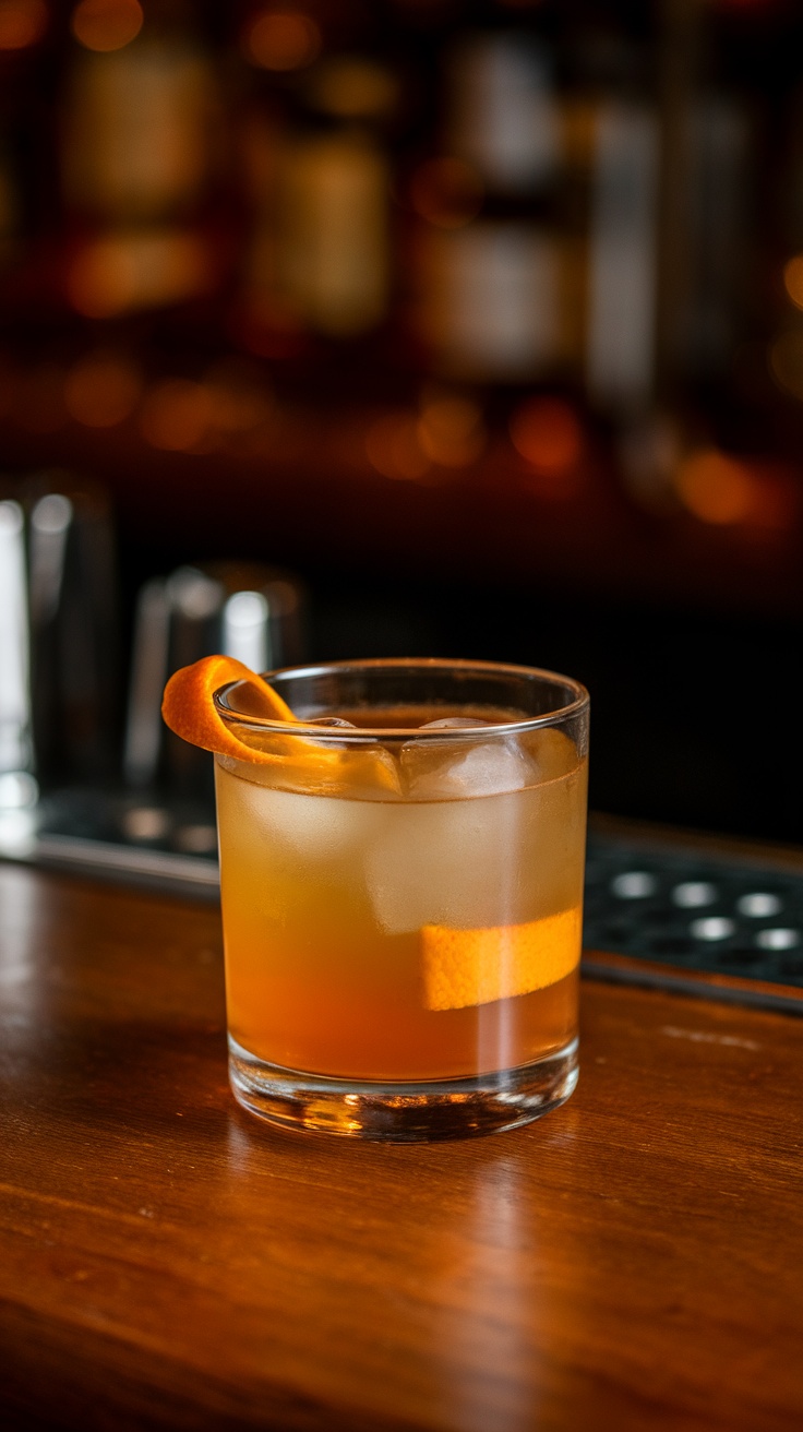 A Godfather cocktail in a glass with an orange twist garnish.