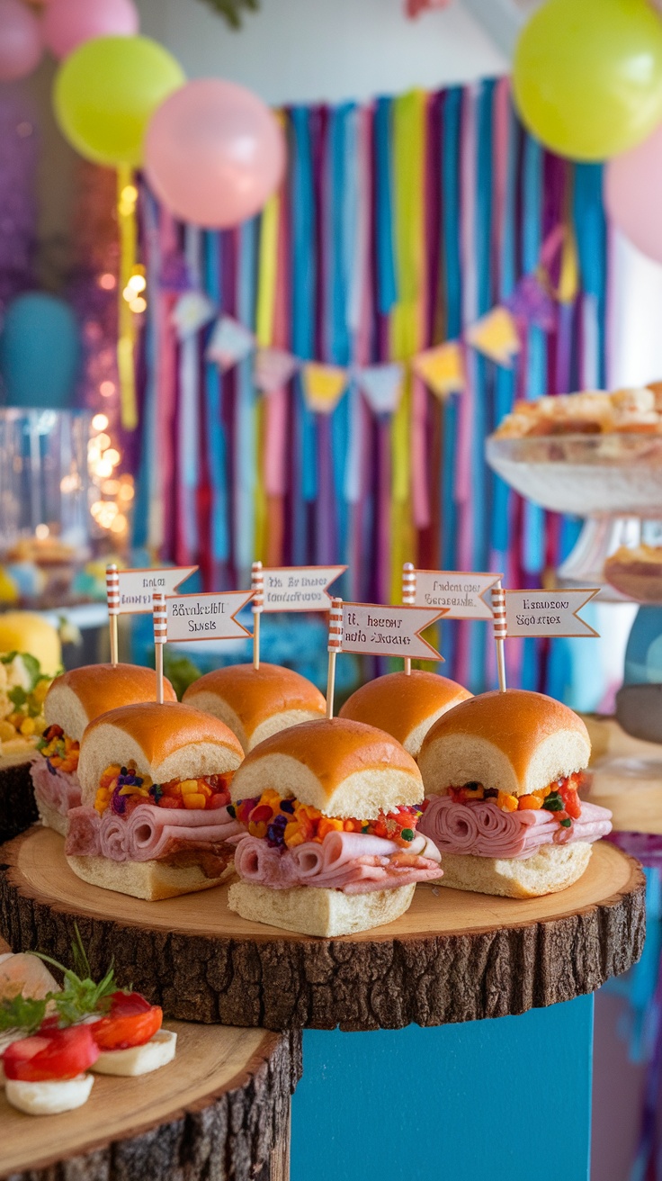 Ham and cheese sliders served on a wooden platter with colorful toppings.