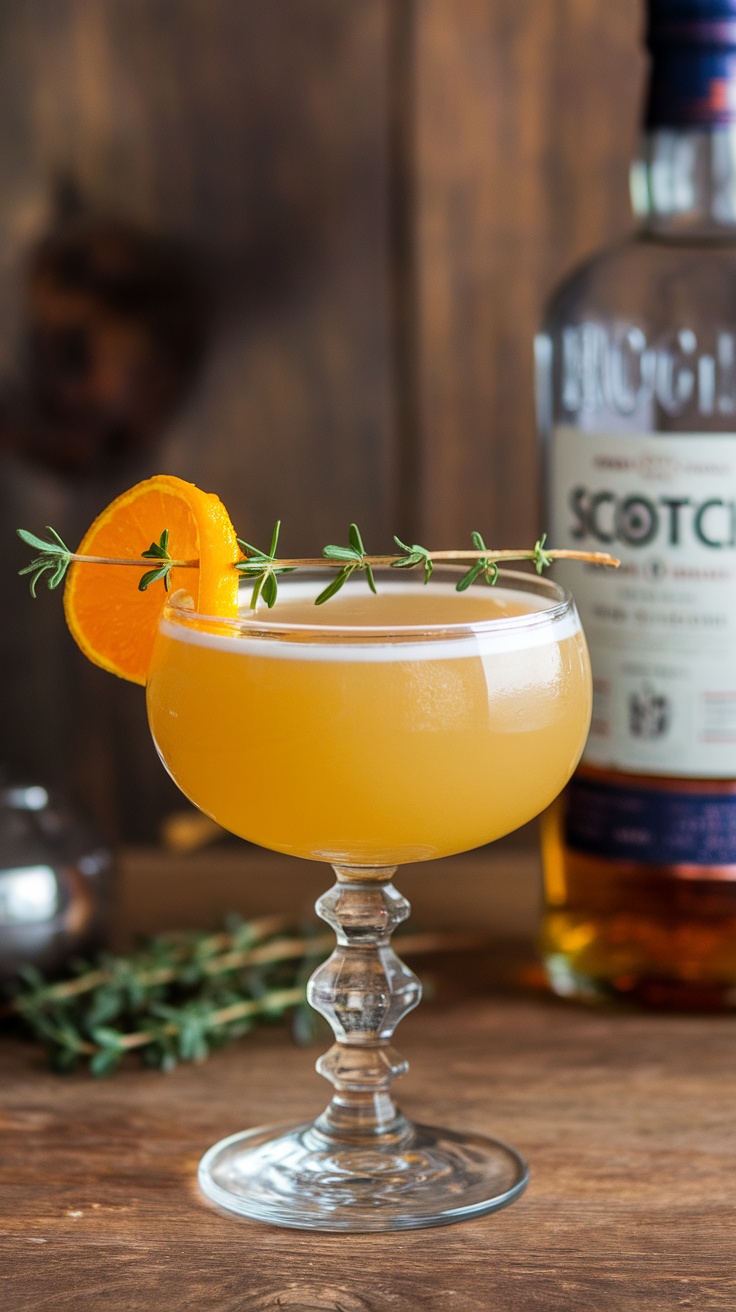 A cocktail glass with a Highland Sour drink, garnished with an orange slice and thyme, alongside a bottle of Scotch whisky.