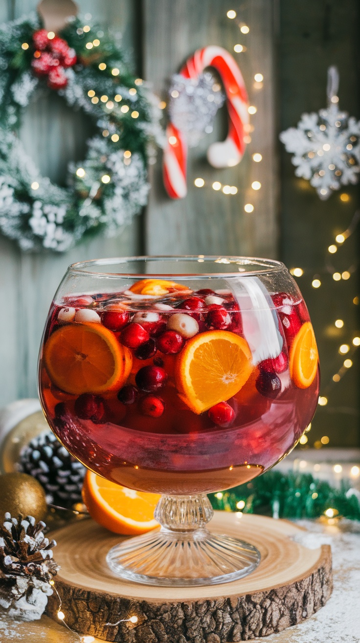 A festive bowl of Holiday Prosecco Punch decorated with cranberries and orange slices.