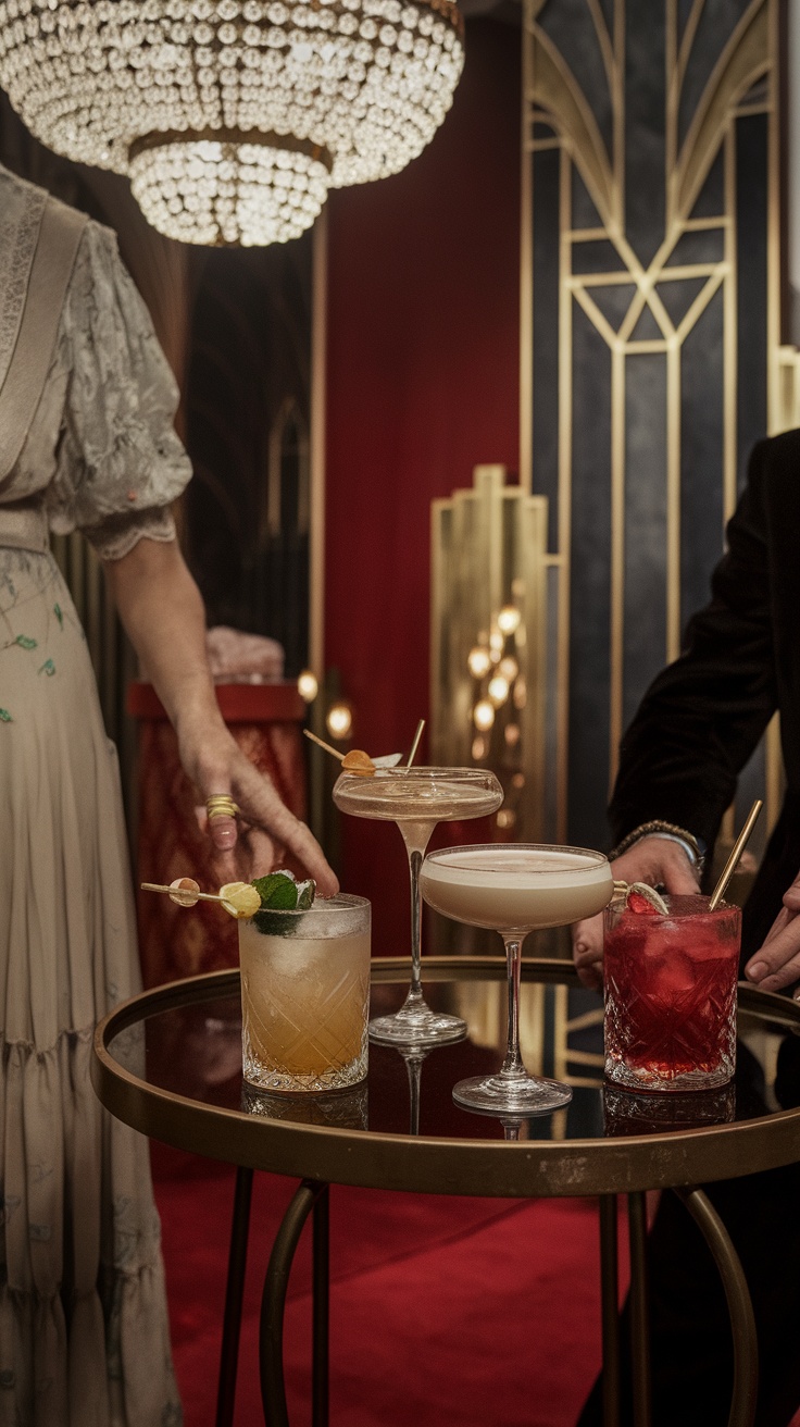 A glamorous cocktail setup with vintage drinks and elegant decor