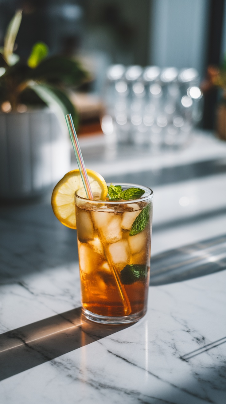 A refreshing iced tea mocktail with mint and lemon served in a glass.